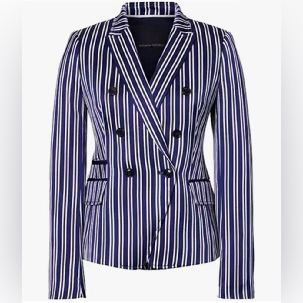Banana Republic Blue Sateen Striped Double Breasted Dickie Blazer Size 10